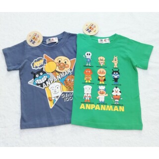 アンパンマン(アンパンマン)の新品　100cm　アンパンマン　男の子半袖Tシャツ2枚セット　グリーン×パンチG(Tシャツ/カットソー)