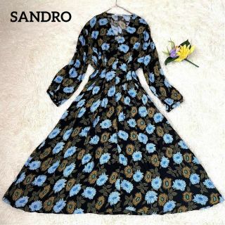 サンドロ(Sandro)のサンドロ　マキシ丈ワンピース　ロング　花柄　とろみ ラインストーン　総柄　【M】(ロングワンピース/マキシワンピース)