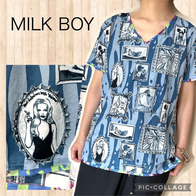 MILK BOY 総柄　プリント　個性的　半袖　V字ネック　ポリシャツ　青　春夏