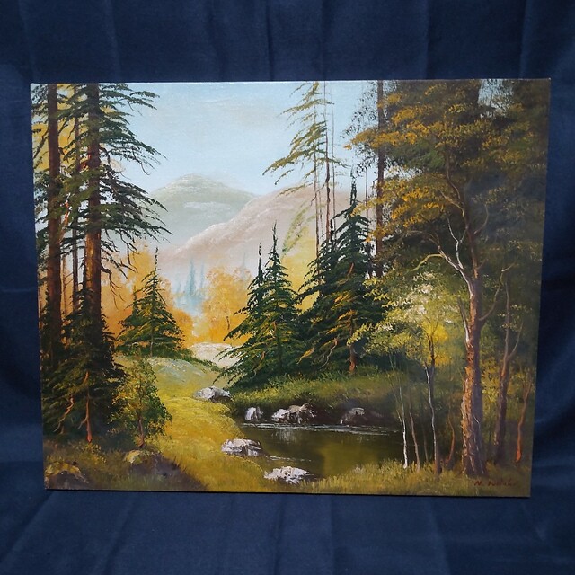 292 絵画 油彩 油絵 風景画 N.WEBSTER 山間風景 額装 額縁付きの通販
