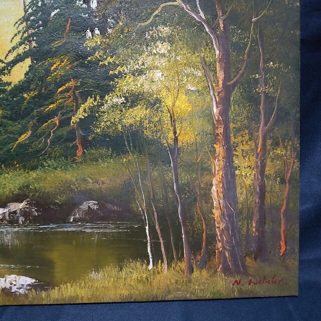 292 絵画 油彩 油絵 風景画 N.WEBSTER 山間風景 額装 額縁付き