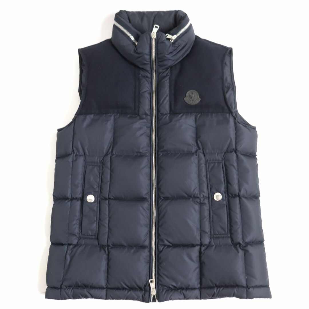 美品◆2017年製 MONCLER/モンクレール CESAR GILET レザーロゴワッペン付き ウール切り替え ダウンベスト/ジレ ネイビー 0 正規品 メンズ