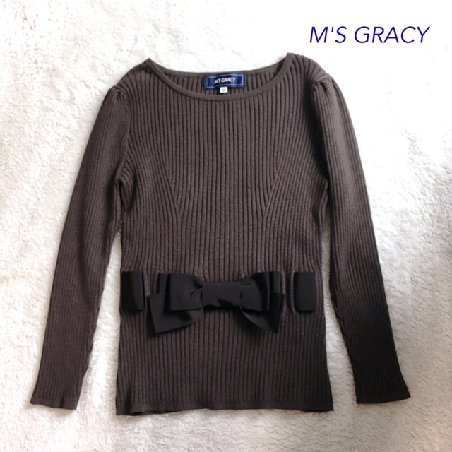 【美品】M'S GRACY リボンニット 38 茶 リブ 定番 人気商品