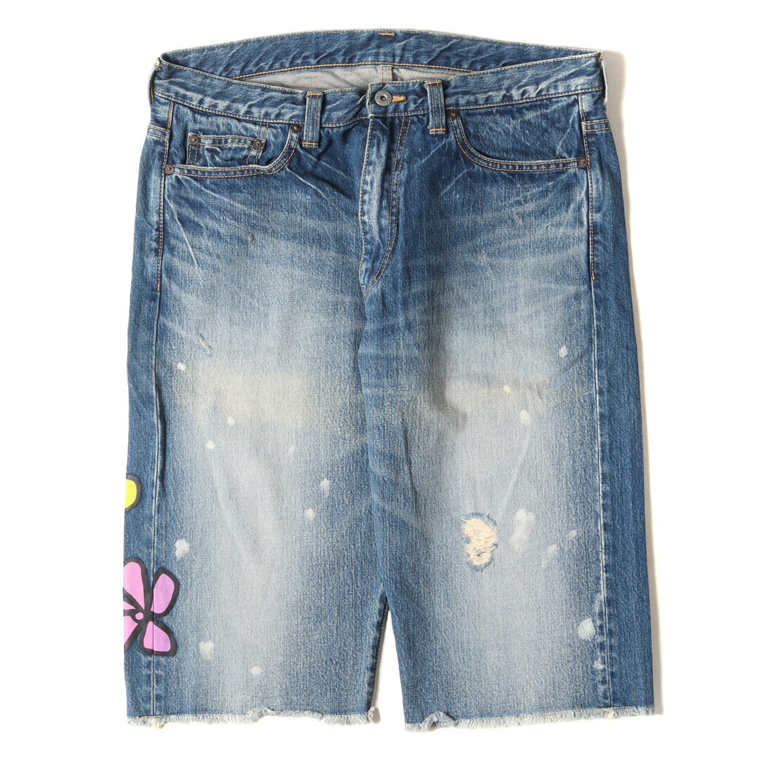 STUSSY ステューシー パンツ サイズ:L 00s HECTIC コラボ フラワー 花 プリント カットオフ デニム ショーツ インディゴ ショートパンツ ズボン ボトムス カジュアル ブランド ストリート 【メンズ】