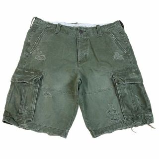 アバクロンビーアンドフィッチ(Abercrombie&Fitch)のAbercro カーゴショートパンツ ボタンフライ ビンテージ加工 ビッグサイズ(ショートパンツ)