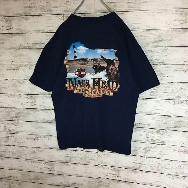 【美品希少デザイン】ハーレーダビッドソン　半袖ポケットTシャツ　紺　H458