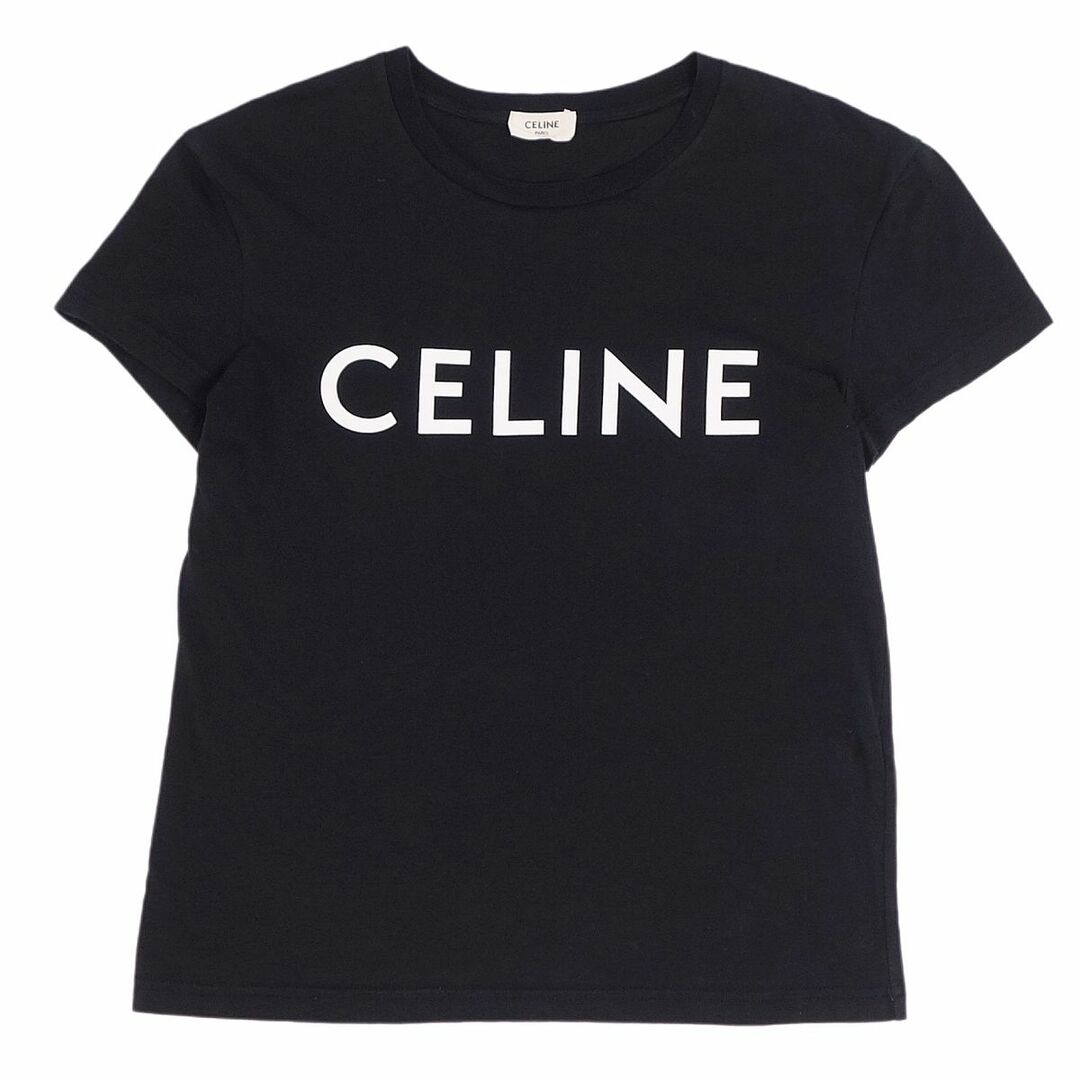 美品 セリーヌ CELINE Tシャツ カットソー 半袖 ショートスリーブ ロゴプリント コットン トップス レディース S ブラック