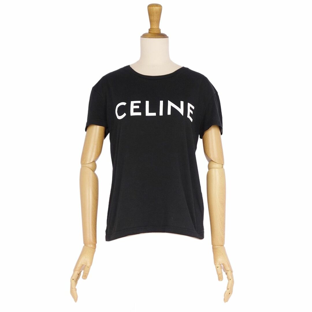 美品 セリーヌ CELINE Tシャツ カットソー 半袖 ショートスリーブ ロゴプリント コットン トップス レディース S ブラック