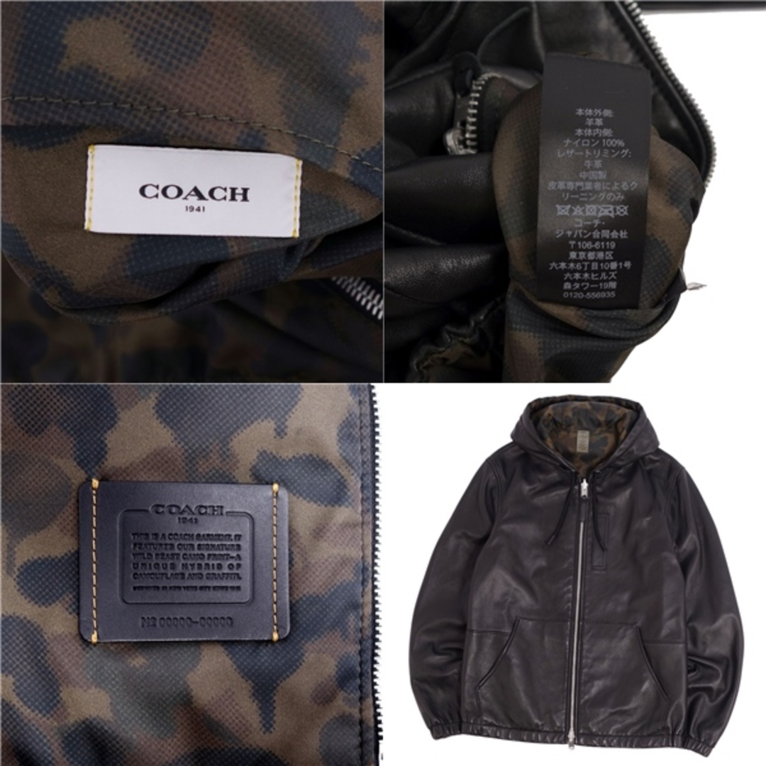 美品 コーチ COACH ジャケット レザージャケット リバーシブル 迷彩柄 ナイロン フーディー アウター メンズ 44(XS相当) ブラック/カーキ