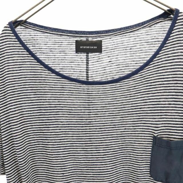 ダイエットブッチャースリムスキン 日本製 リネン100% ニット ボーダー柄 半袖 Tシャツ 紺×白 DIET BUTCHER SLIM SKIN メンズ 【中古】 【230606】