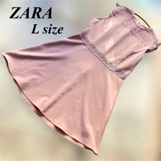 ザラ(ZARA)の【極美品】ザラ レース ノースリーブ ピンク ウエスト切り替え ワンピース L(ひざ丈ワンピース)