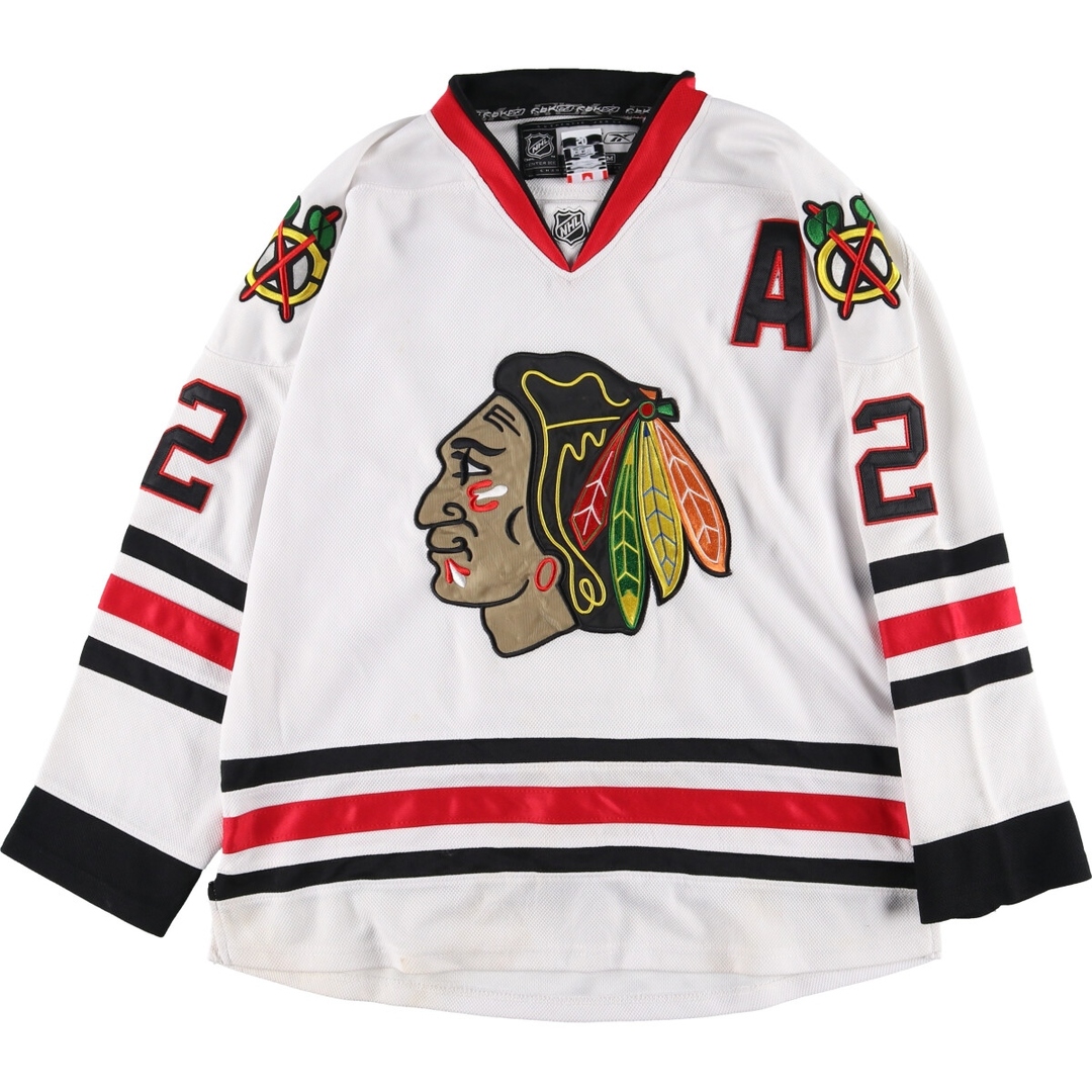 Reebok(リーボック)の古着 リーボック Reebok NHL CHICAGO BLACKHAWKS シカゴブラックホークス Vネック ゲームシャツ ホッケーシャツ カナダ製 メンズXL ヴィンテージ /eaa342058 メンズのトップス(Tシャツ/カットソー(半袖/袖なし))の商品写真