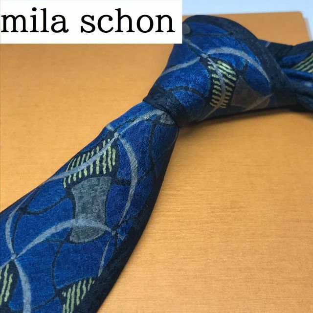 Mila Schon ミラショーン☆シルクネクタイ made in ITALY 美品★ヴィンテージ ネクタイ イタリア製 アート柄 ブルー ミラショーン