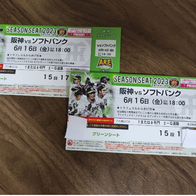 阪神vsソフトバンク６月16日㈮18時〜ペアチケット チケットのスポーツ(野球)の商品写真