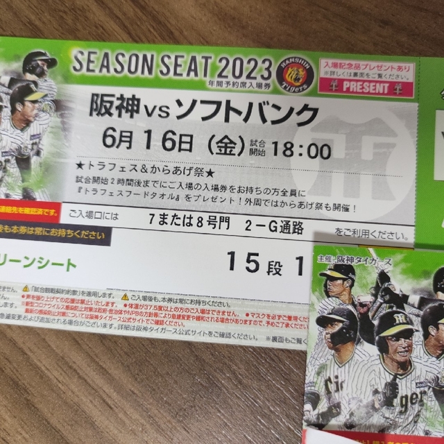阪神vsソフトバンク６月16日㈮18時〜ペアチケット チケットのスポーツ(野球)の商品写真