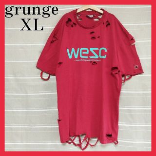 ウィーエスシー(WeSC)のグランジTシャツtシャツBroken ダメージ加工 BORO XL ボロロゴ 赤(Tシャツ/カットソー(半袖/袖なし))