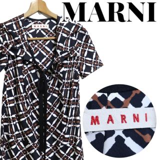 マルニ(Marni)のMARNI マルニ 総柄 フロントリボン 半袖ワンピース 38サイズ Mサイズ(ひざ丈ワンピース)