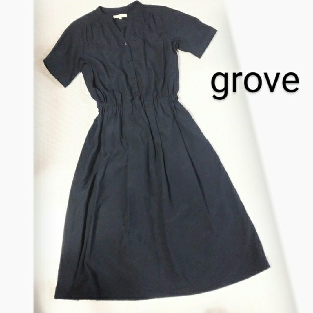 grove(グローブ)の【送料込】grove　前開きシャツワンピース（紺） レディースのワンピース(ひざ丈ワンピース)の商品写真