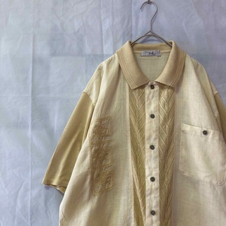 90s ヴィンテージ 一点物 デザインシャツ 刺繍 サマーニット リネン 日本製(シャツ)