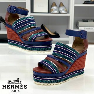 エルメス(Hermes)の6192 未使用 エルメス ローマ レザー ファブリック ウェッジサンダル(サンダル)