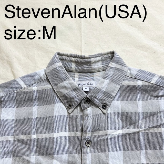 トップスStevenAlan(USA)コットンフランネルチェックBDシャツ　ライトグレー