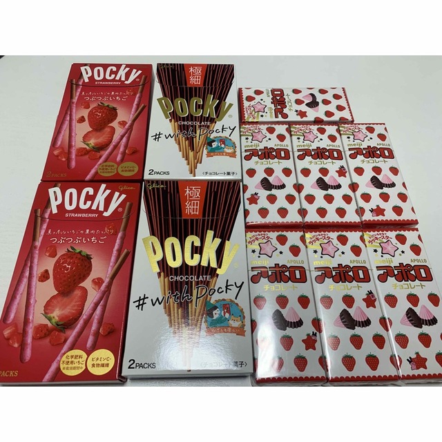 グリコ(グリコ)の極細ポッキー　つぶつぶいちご　アポロ　セット 食品/飲料/酒の食品(菓子/デザート)の商品写真