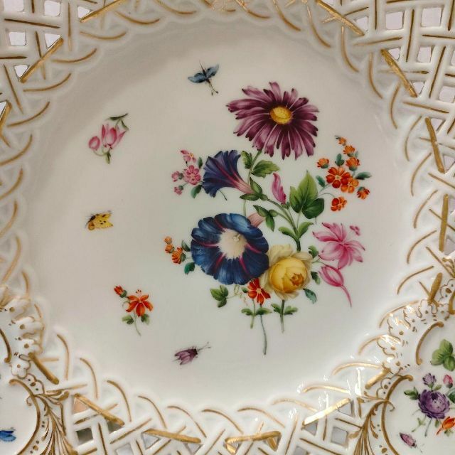 MEISSEN - 極美品□透かしプレート マイセン24㎝金彩 蝶 花 昆虫