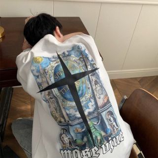 メンズ バックプリント 半袖 Tシャツ 韓国 ホワイト 白(Tシャツ/カットソー(半袖/袖なし))