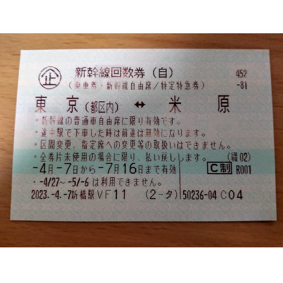 乗車券/交通券新幹線 回数券 自由席　東京 ⇔ 米原 有効期限7/16