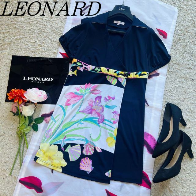 LEONARD - 【美品】LEONARD ラップワンピース ネイビー 総柄 半袖 40