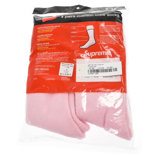 Supreme(シュプリーム)のSUPREME シュプリーム Hanes Crew Socks （4Packs）ヘインズ クルーソックス 靴下 ピンク メンズのアクセサリー(その他)の商品写真