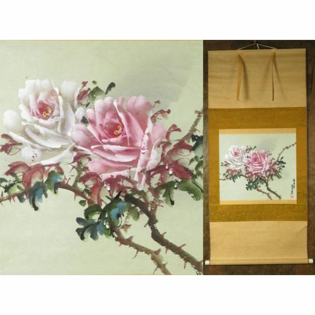 掛軸 君蘭『玖瑰 薔薇(バラ) 花画』中国画 紙本 肉筆 掛け軸 N11899 | フリマアプリ ラクマ