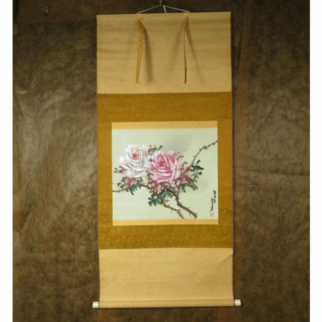 掛軸 君蘭『玖瑰 薔薇(バラ) 花画』中国画 紙本 肉筆 掛け軸 N11899