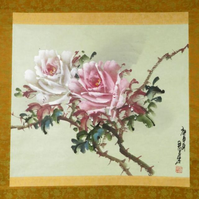掛軸 君蘭『玖瑰 薔薇(バラ) 花画』中国画 紙本 肉筆 掛け軸 N11899 3