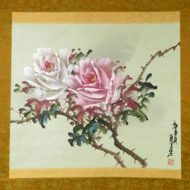 掛軸 君蘭『玖瑰 薔薇(バラ) 花画』中国画 紙本 肉筆 掛け軸 N11899