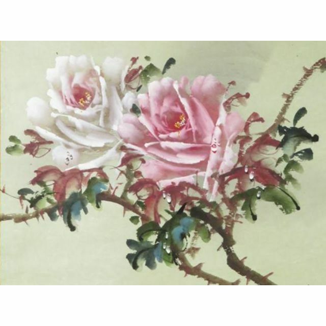 掛軸 君蘭『玖瑰 薔薇(バラ) 花画』中国画 紙本 肉筆 掛け軸 N11899