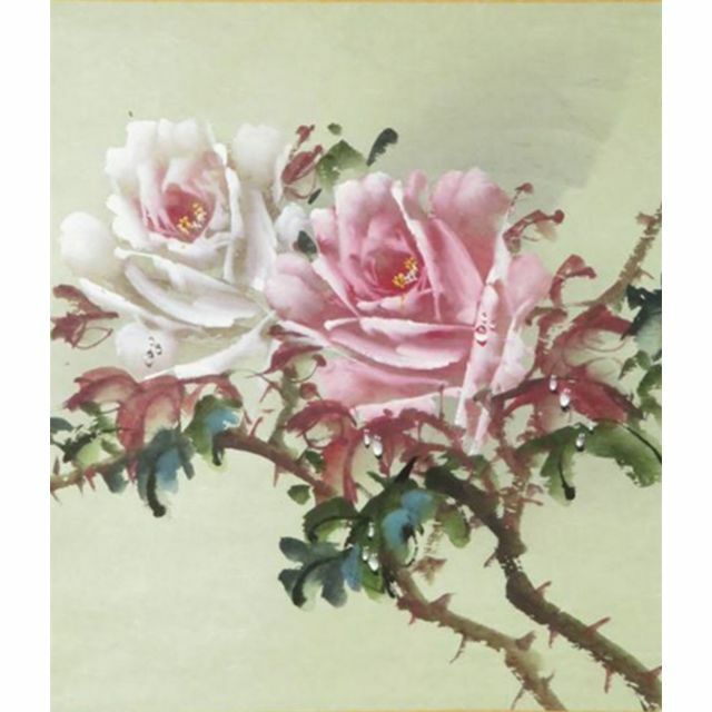 掛軸 君蘭『玖瑰 薔薇(バラ) 花画』中国画 紙本 肉筆 掛け軸 N11899
