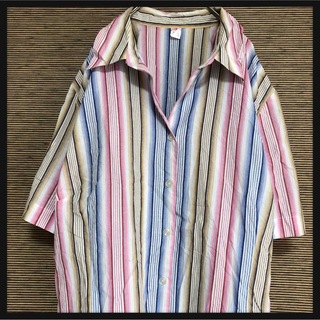 【柄シャツ】半袖シャツ　縦じま　ストライプ　開襟シャツ　オープンカラー14(シャツ/ブラウス(半袖/袖なし))