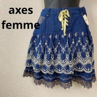 新品　axes femme　レディース　M　デニム　スカート　レース　刺繍(ミニスカート)
