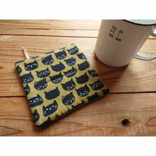 ハンドメイド タオルをはさんだシンプルなポットマット 黒猫×ツイード風(キッチン小物)