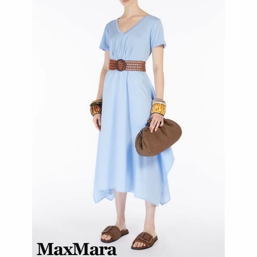 マックスマーラ コンビ素材フレアラインワンピース ブルー40cm袖丈