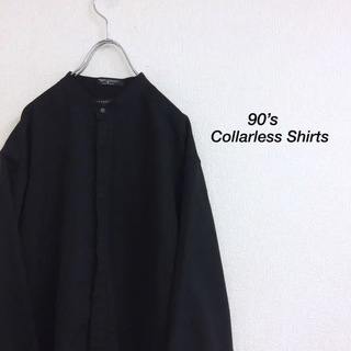 90’s デザイン古着 ブラック ポリレーヨン ノーカラーシャツ  (シャツ)