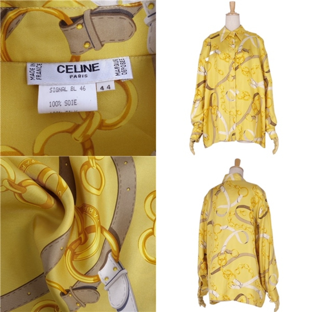 極美品 Vintage セリーヌ CELINE シャツ ブラウス ロングスリーブ ダブルカフス 総柄 シルク100％ トップス レディース  44(XL相当) イエロー