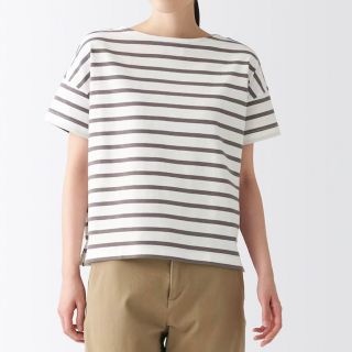 ムジルシリョウヒン(MUJI (無印良品))の無印良品　太番手天竺編みボートネックＴシャツ　ボーダーTシャツ　半袖(Tシャツ(半袖/袖なし))