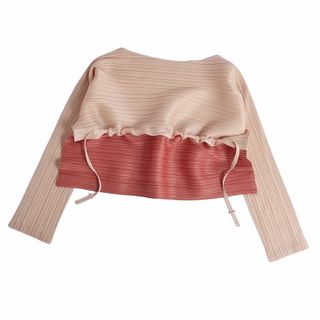 プリーツプリーズイッセイミヤケ(PLEATS PLEASE ISSEY MIYAKE)の極美品 プリーツプリーズ イッセイミヤケ PLEATS PLEASE シャツ ブラウス 長袖 横プリーツ バイカラー ドローコード 無地 トップス レディース 3(L相当) アイボリー/ピンク(シャツ/ブラウス(半袖/袖なし))