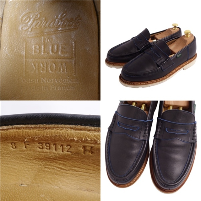 美品 パラブーツ PARABOOT BLUE WORK ローファー モカシン コインローファー REIMS ランス カーフレザー 39112 シューズ メンズ 8F(26.5cm相当) ネイビー