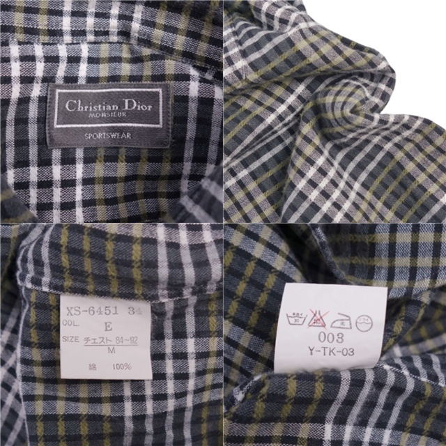 美品 Vintage クリスチャンディオール Christian Dior Monsieur シャツ ロングスリーブ チェック コットン トップス  メンズ M カーキ/ホワイト