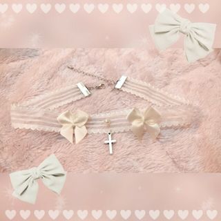 アンクルージュ(Ank Rouge)のハンドメイド ダブルリボンクロスチョーカー ホワイト♡(ネックレス)