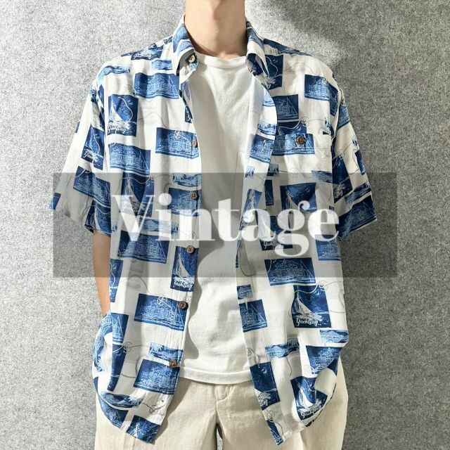 ART VINTAGE(アートヴィンテージ)の【vintage】ヨット 錨 総柄 レーヨン ルーズ アロハ 半袖シャツ L 白 メンズのトップス(シャツ)の商品写真