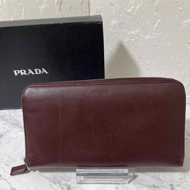 財布PRADA 長財布 ブラウンレッド 本革 ラウンドファスナー